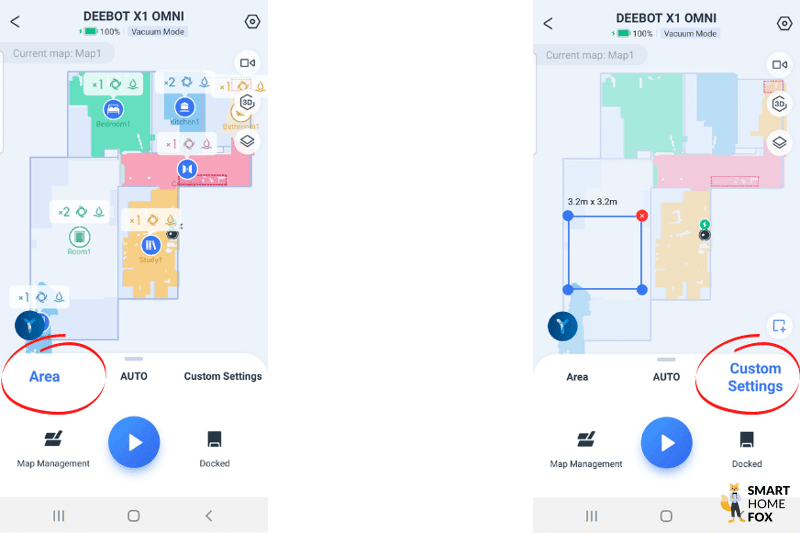 Single room cleaning or area cleaning is selected in the Ecovacs Home App.